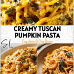 A bowl of creamy Tuscan Savory Pumpkin Pasta topped with herbs, perfect for a cozy fall vegetarian meal.